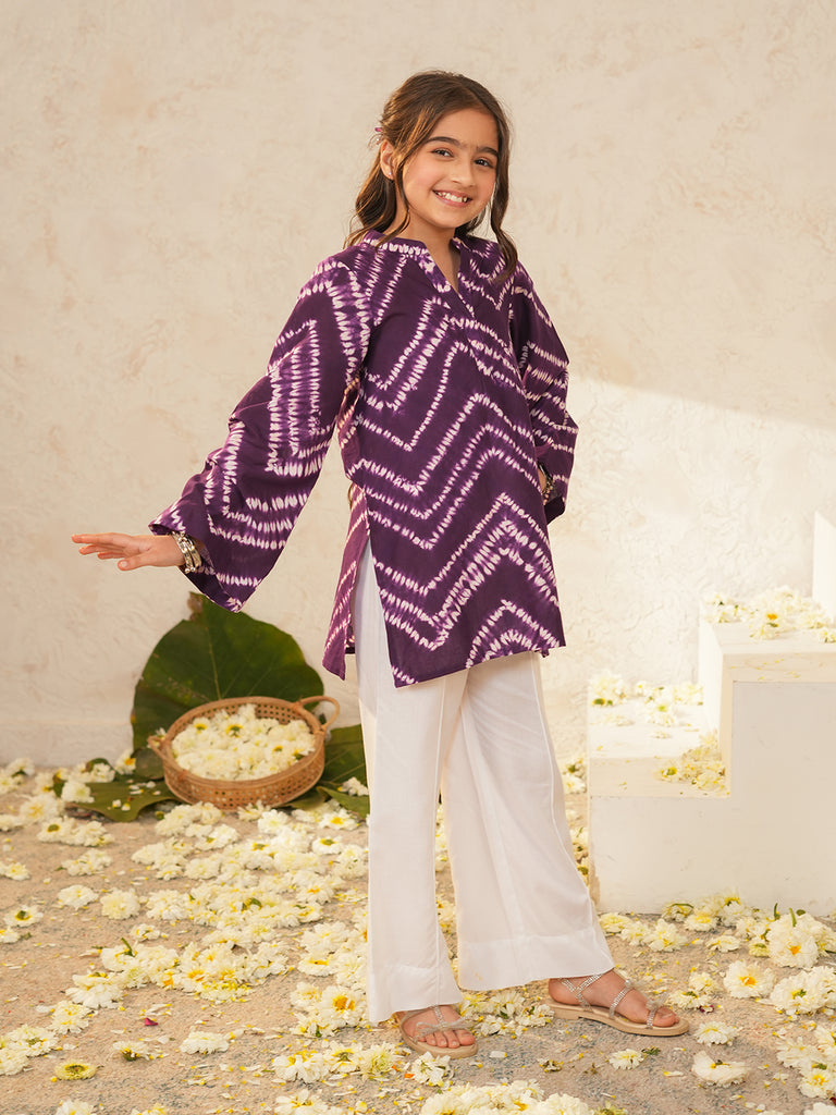 Pspeaches Girls Purple Ethnic Shibori Cotton A-Line Kurta With Pant ( Sku-Ks-Purple )