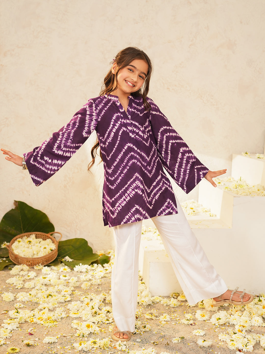 Pspeaches Girls Purple Ethnic Shibori Cotton A-Line Kurta With Pant ( Sku-Ks-Purple )