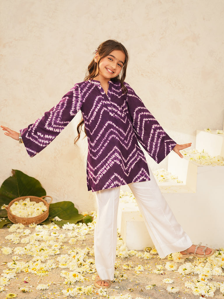 Pspeaches Girls Purple Ethnic Shibori Cotton A-Line Kurta With Pant ( Sku-Ks-Purple )