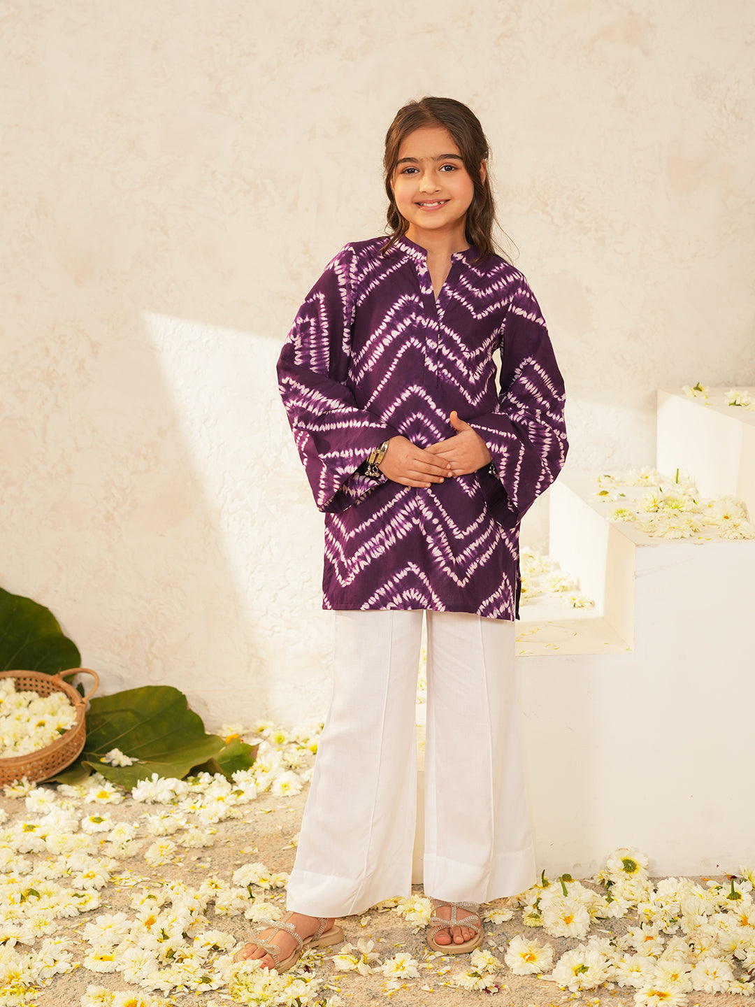 Pspeaches Girls Purple Ethnic Shibori Cotton A-Line Kurta With Pant ( Sku-Ks-Purple )
