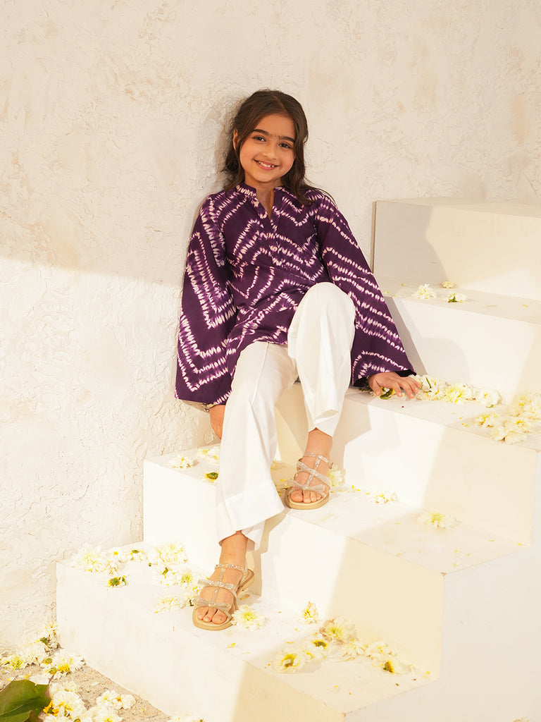 Pspeaches Girls Purple Ethnic Shibori Cotton A-Line Kurta With Pant ( Sku-Ks-Purple )