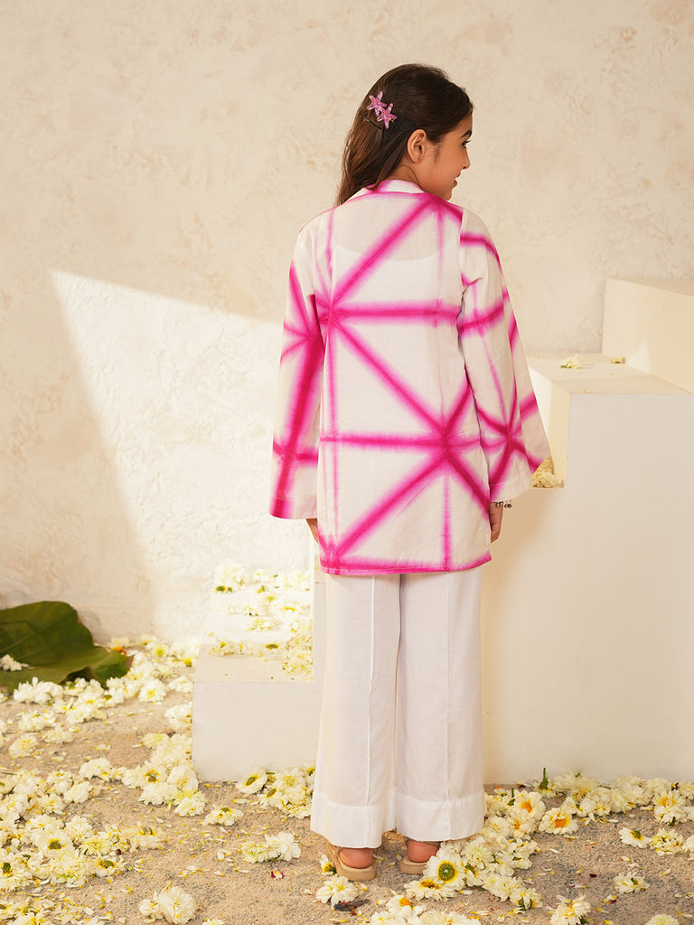 Pspeaches Girls White & Pink Ethnic Shibori Cotton A-Line Kurta With Pant ( Sku-Ks-Shibostar )