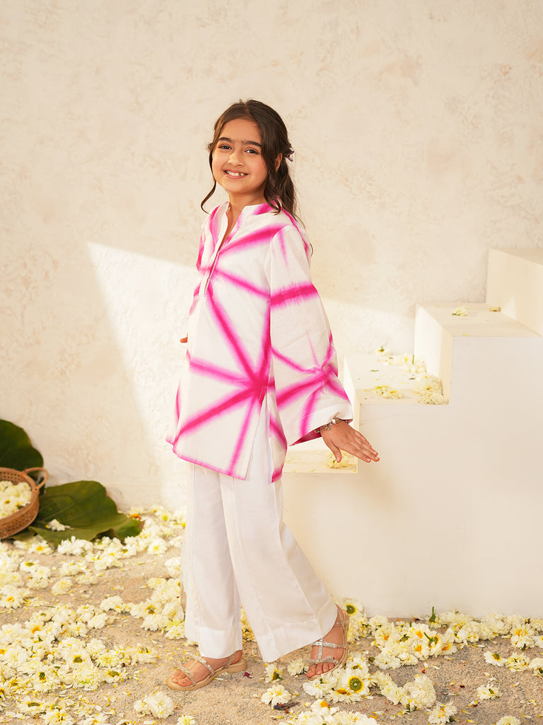 Pspeaches Girls White & Pink Ethnic Shibori Cotton A-Line Kurta With Pant ( Sku-Ks-Shibostar )