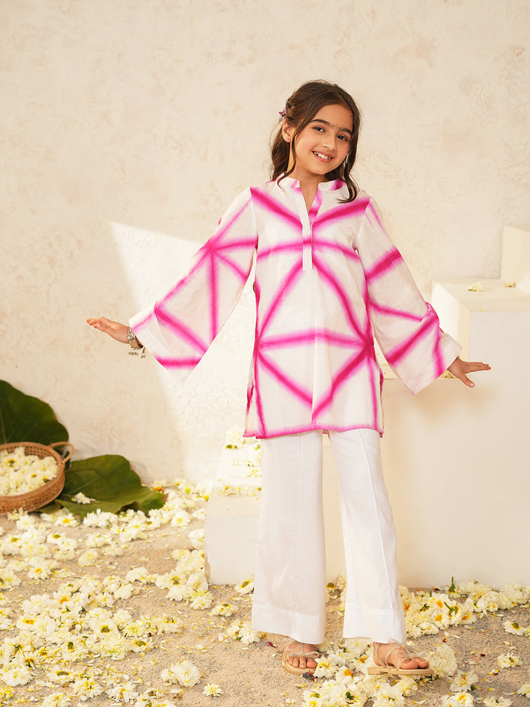 Pspeaches Girls White & Pink Ethnic Shibori Cotton A-Line Kurta With Pant ( Sku-Ks-Shibostar )