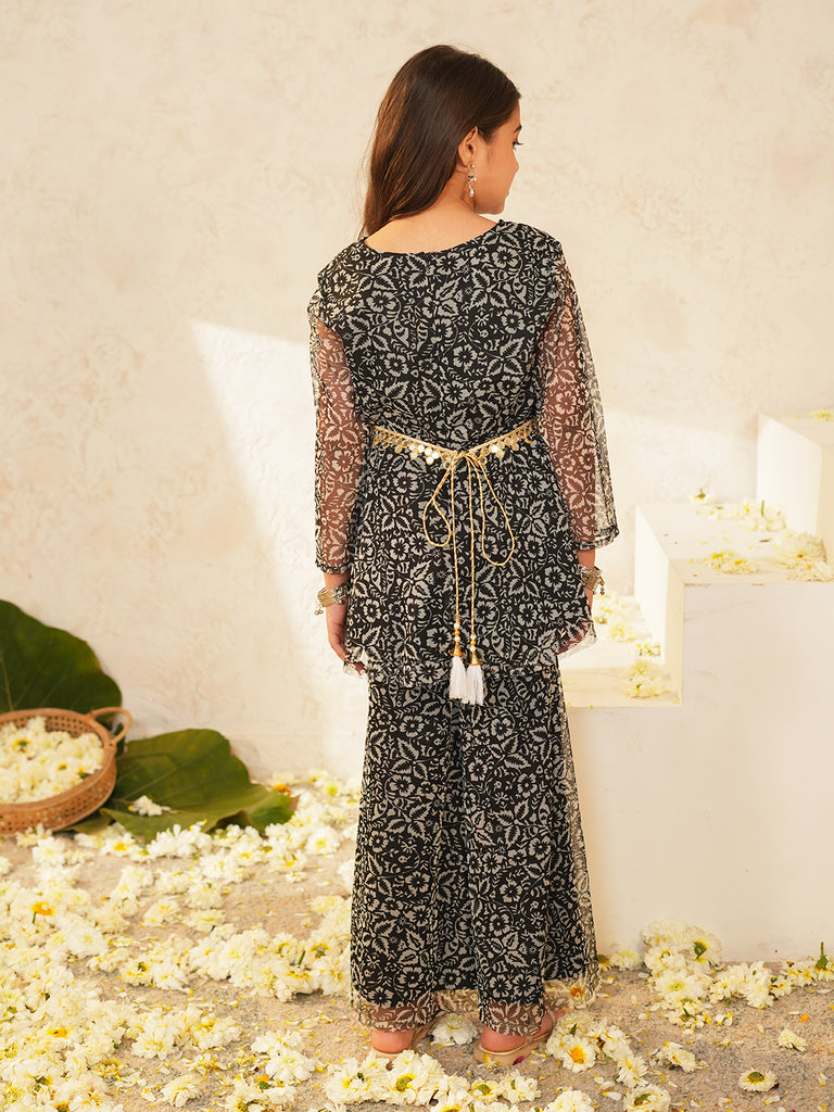 Pspeaches Girls Black Ethnic Floral Printed Net A-Line Kurta With Sharara Set ( Sku-Sha-Blackfoil )