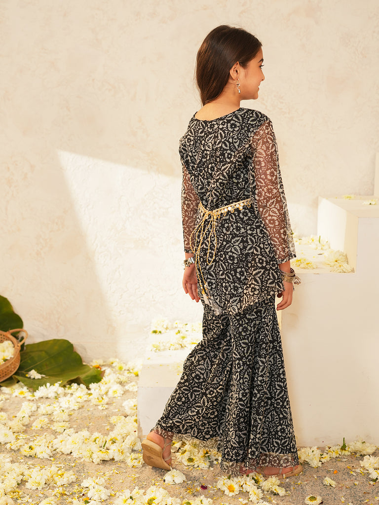 Pspeaches Girls Black Ethnic Floral Printed Net A-Line Kurta With Sharara Set ( Sku-Sha-Blackfoil )