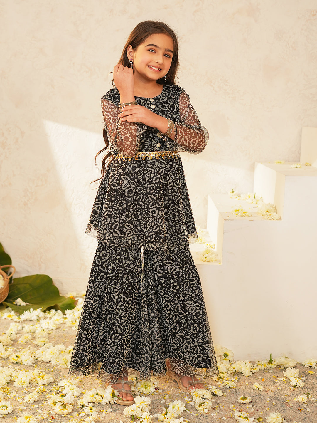 Pspeaches Girls Black Ethnic Floral Printed Net A-Line Kurta With Sharara Set ( Sku-Sha-Blackfoil )