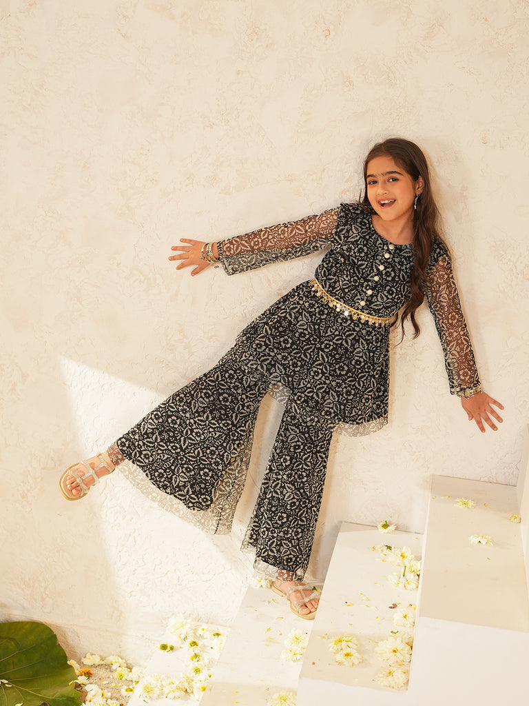 Pspeaches Girls Black Ethnic Floral Printed Net A-Line Kurta With Sharara Set ( Sku-Sha-Blackfoil )