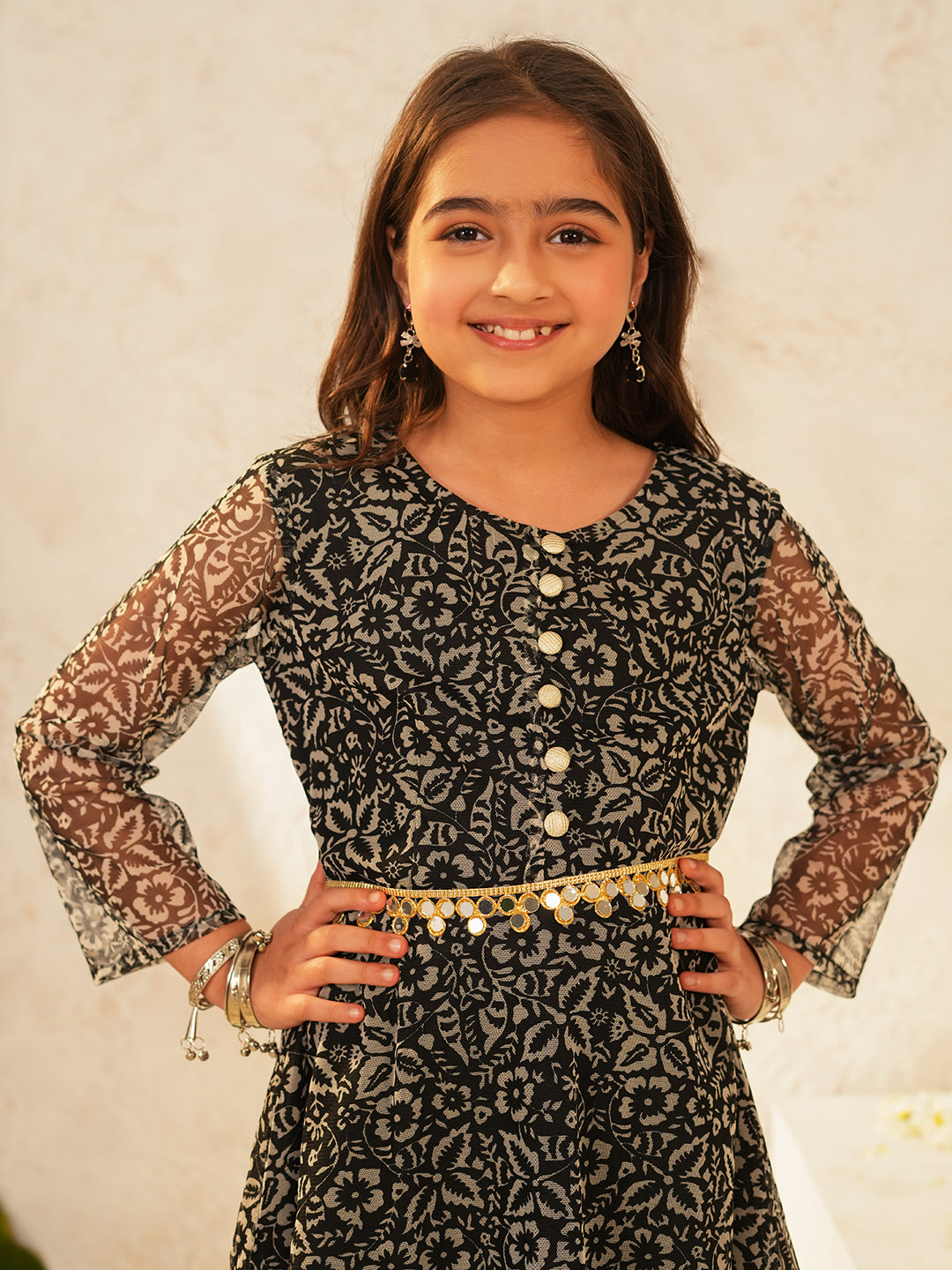 Pspeaches Girls Black Ethnic Floral Printed Net A-Line Kurta With Sharara Set ( Sku-Sha-Blackfoil )