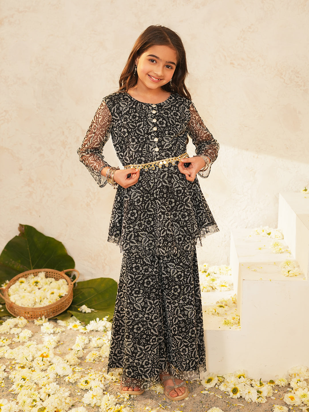 Pspeaches Girls Black Ethnic Floral Printed Net A-Line Kurta With Sharara Set ( Sku-Sha-Blackfoil )