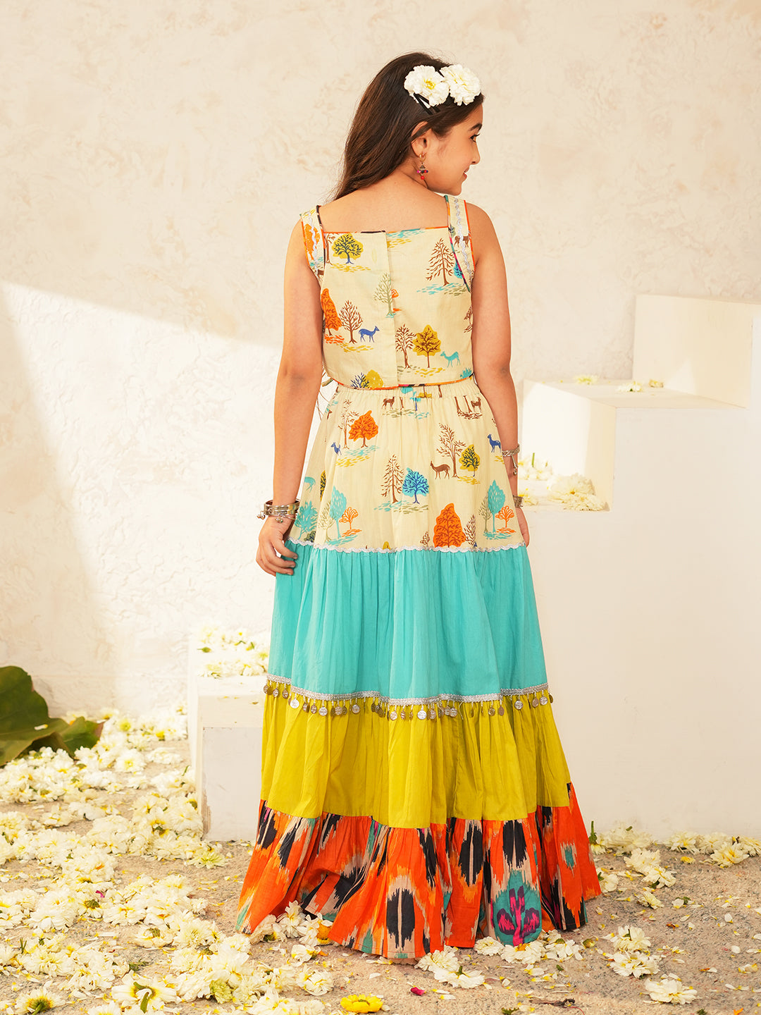 Pspeaches Girls Multi Ethnic Animal Print Cotton Tiered Lehenga & Choli Set ( Sku-L-Tierpatola )