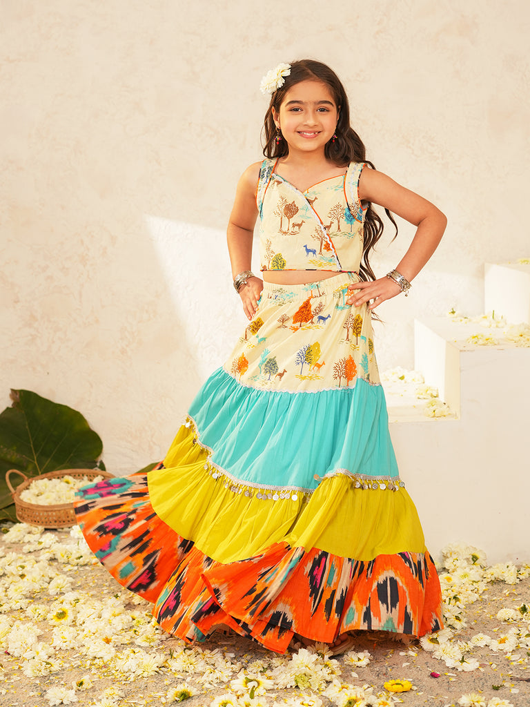 Pspeaches Girls Multi Ethnic Animal Print Cotton Tiered Lehenga & Choli Set ( Sku-L-Tierpatola )