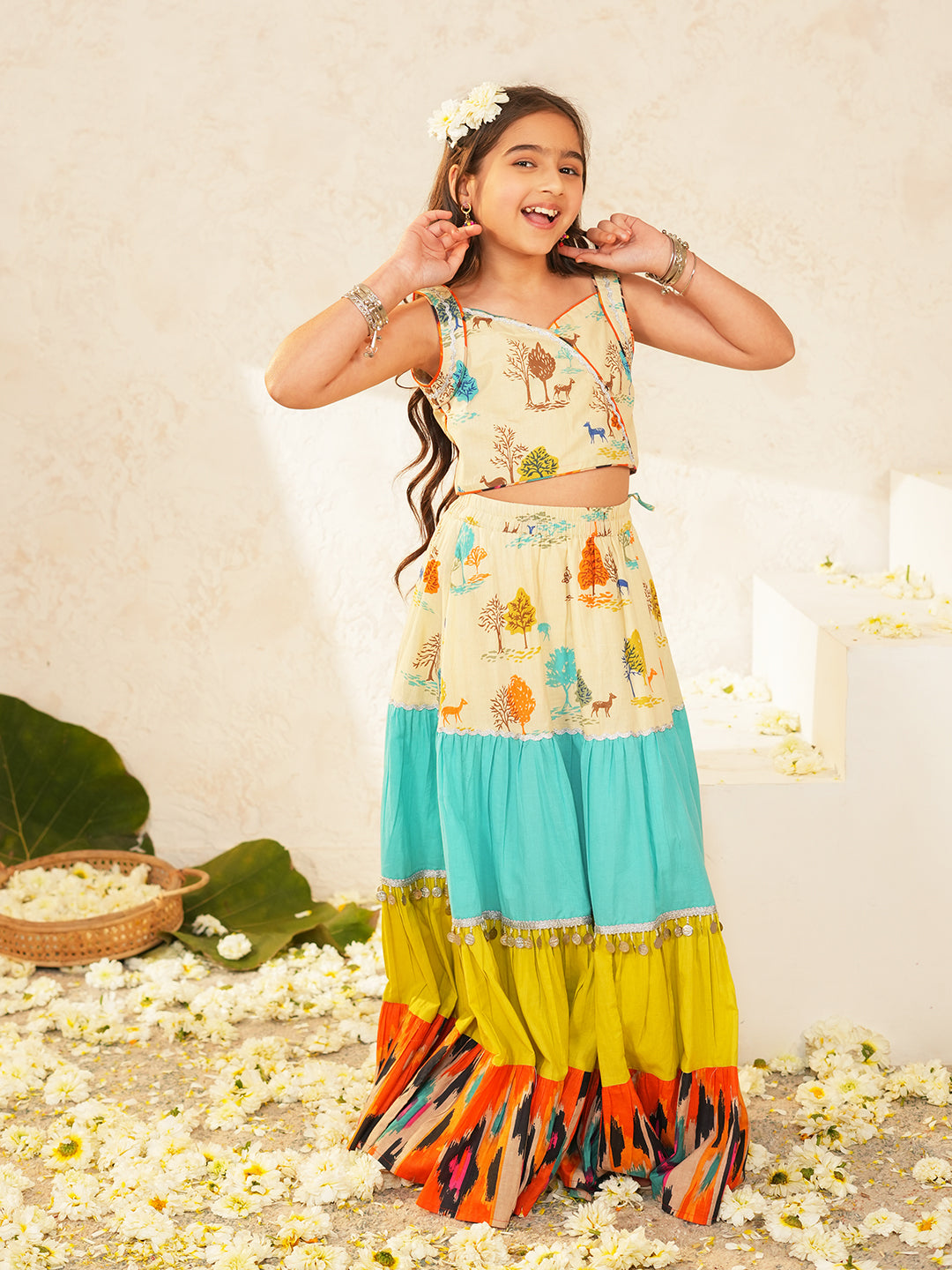 Pspeaches Girls Multi Ethnic Animal Print Cotton Tiered Lehenga & Choli Set ( Sku-L-Tierpatola )