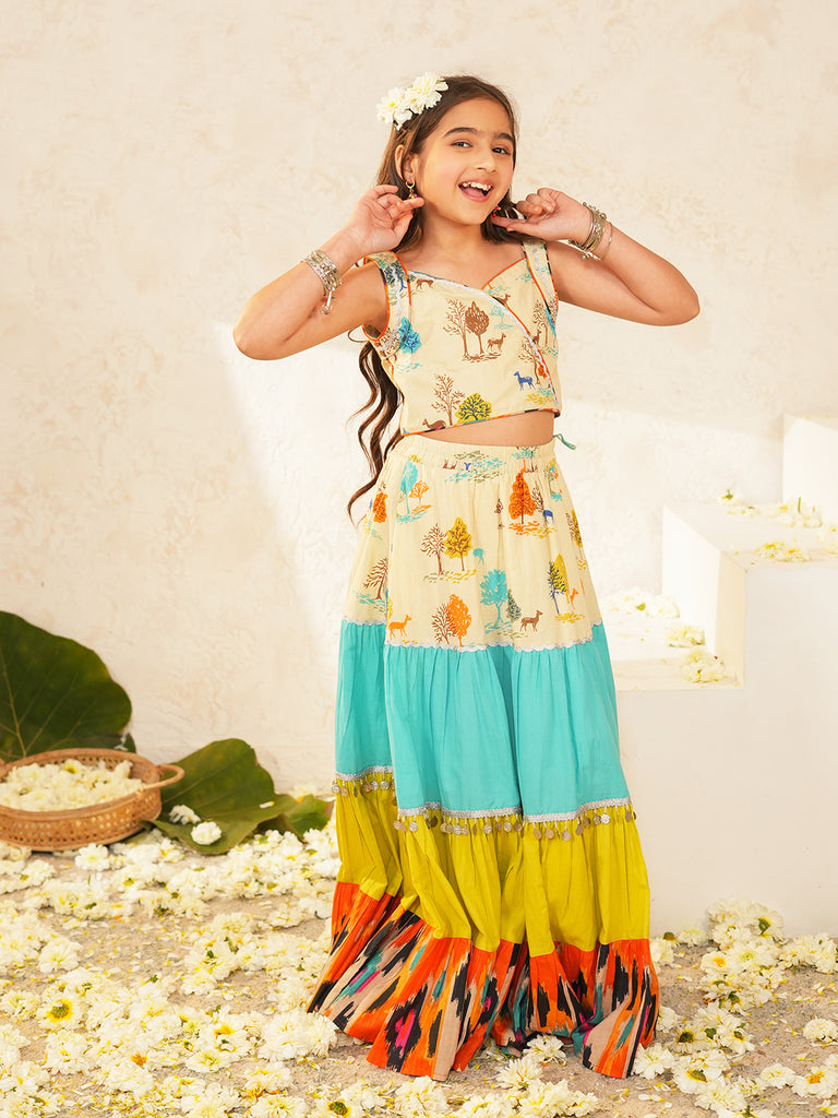 Pspeaches Girls Multi Ethnic Animal Print Cotton Tiered Lehenga & Choli Set ( Sku-L-Tierpatola )