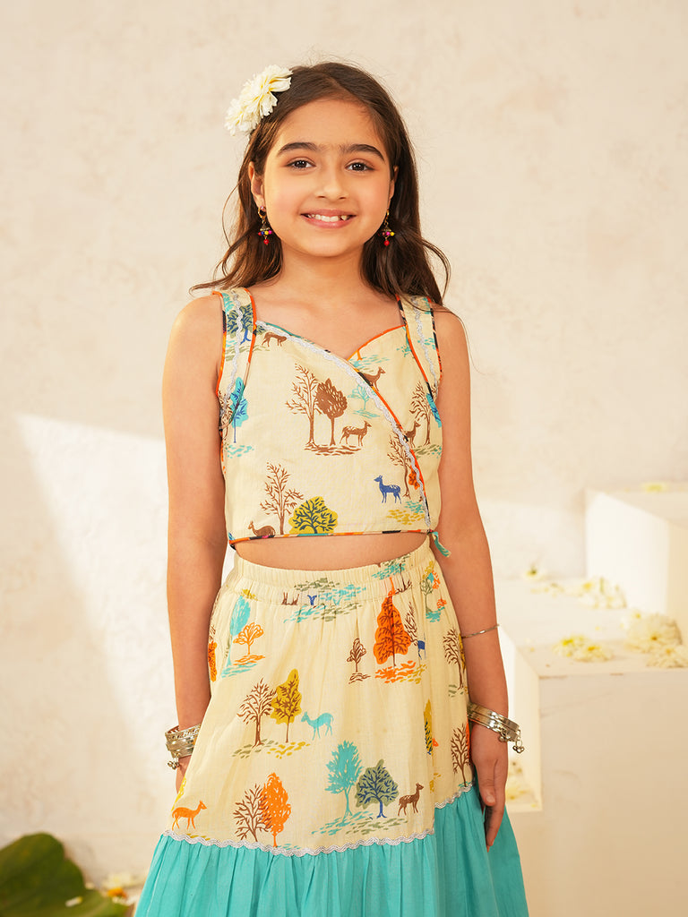 Pspeaches Girls Multi Ethnic Animal Print Cotton Tiered Lehenga & Choli Set ( Sku-L-Tierpatola )