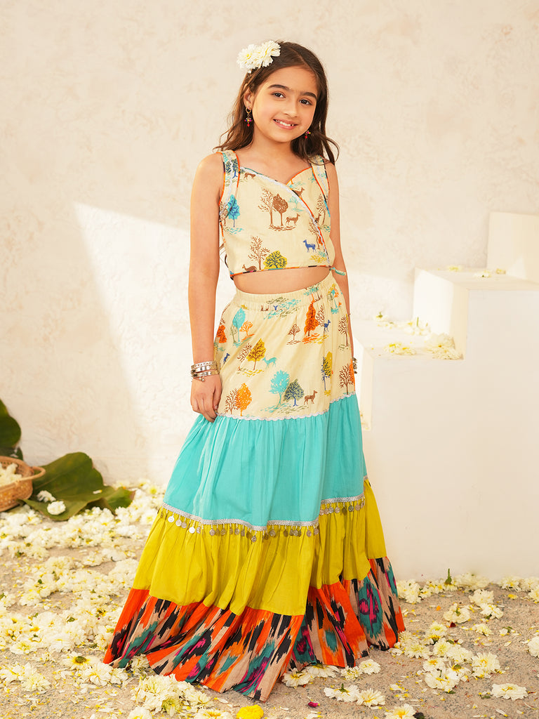 Pspeaches Girls Multi Ethnic Animal Print Cotton Tiered Lehenga & Choli Set ( Sku-L-Tierpatola )