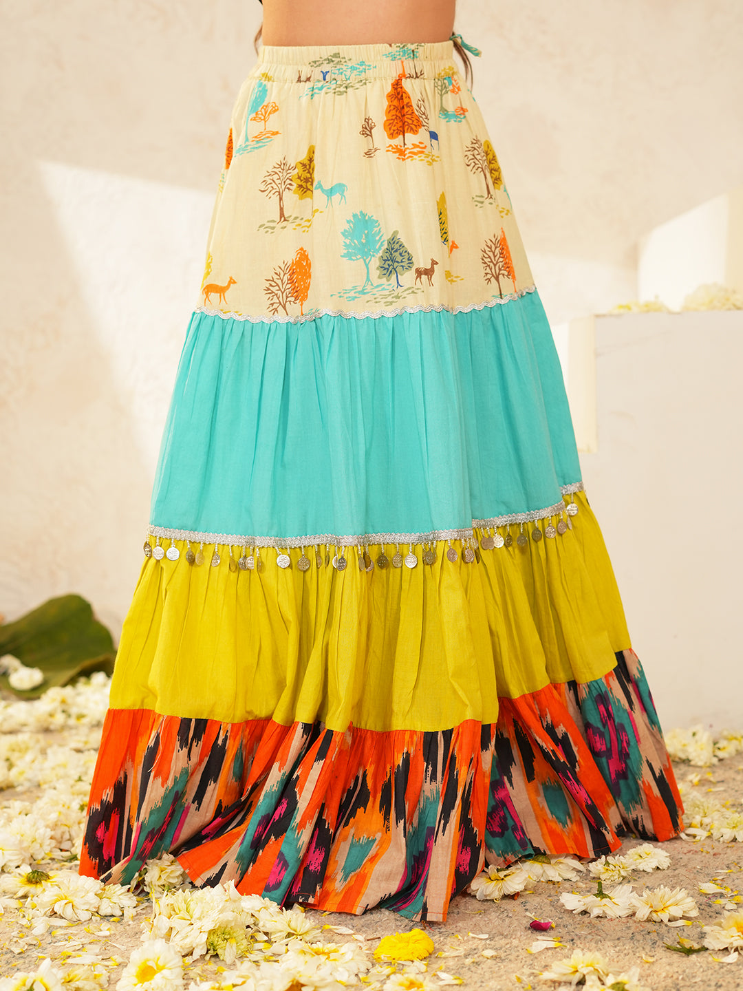 Pspeaches Girls Multi Ethnic Animal Print Cotton Tiered Lehenga & Choli Set ( Sku-L-Tierpatola )