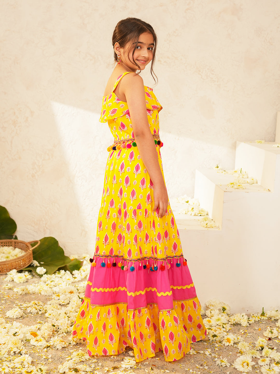 Pspeaches Girls Yellow Ethnic Booti Print Cotton Tiered Lehenga & Choli Set ( Sku-L-Tieryellow )
