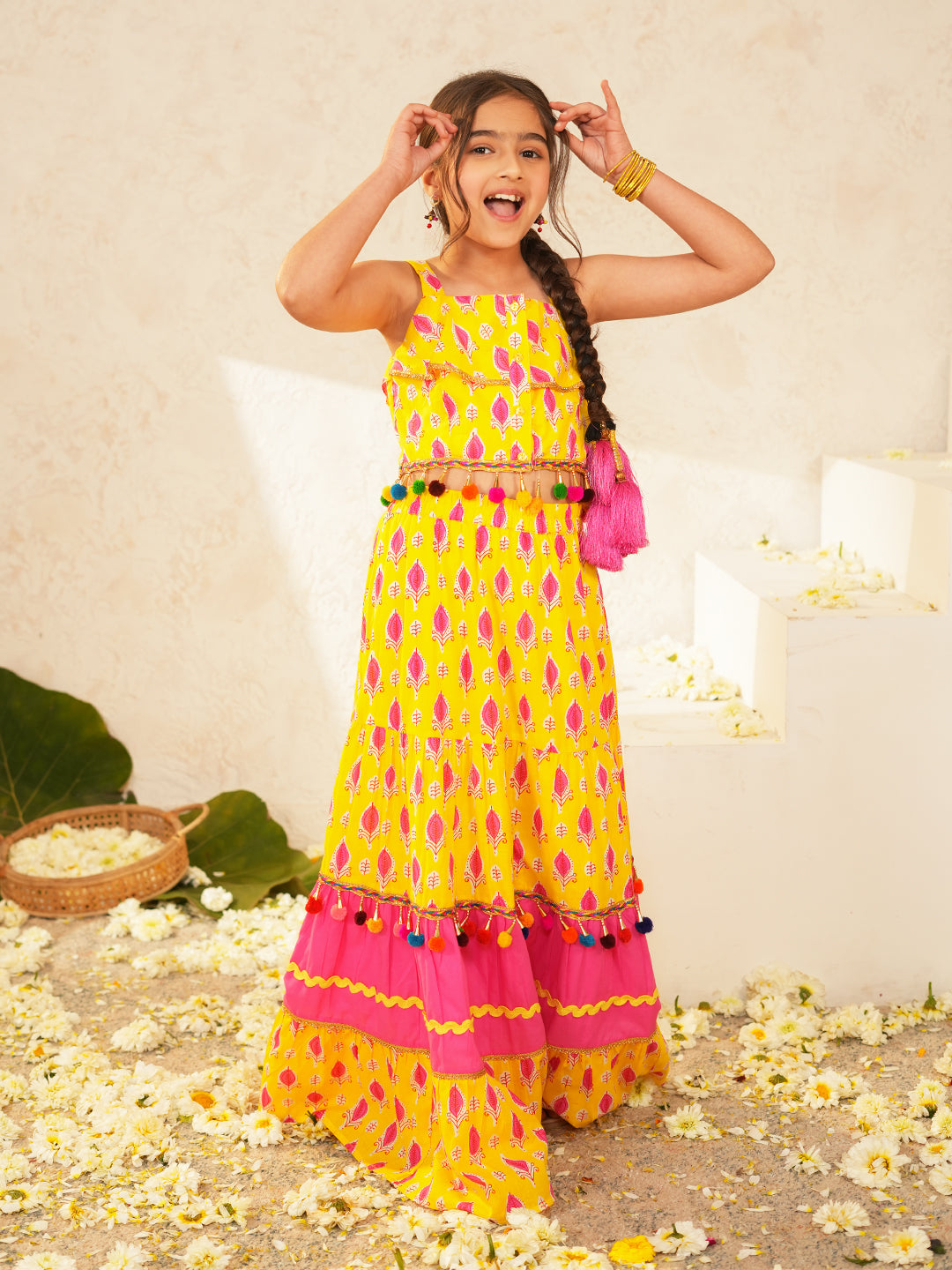 Pspeaches Girls Yellow Ethnic Booti Print Cotton Tiered Lehenga & Choli Set ( Sku-L-Tieryellow )
