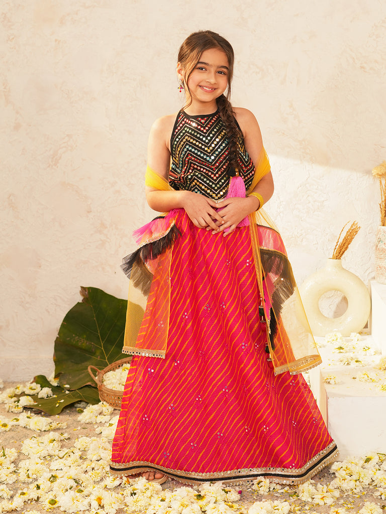 Pspeaches Girls Black & Red Ethnic mirror work Embroidered Georgette Circular Lehenga & Choli With Dupatta ( Sku-L-Blackmirror )