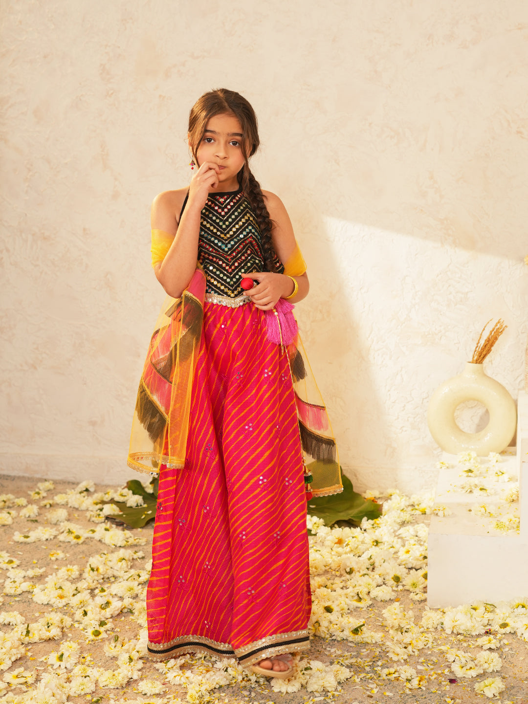 Pspeaches Girls Black & Red Ethnic mirror work Embroidered Georgette Circular Lehenga & Choli With Dupatta ( Sku-L-Blackmirror )