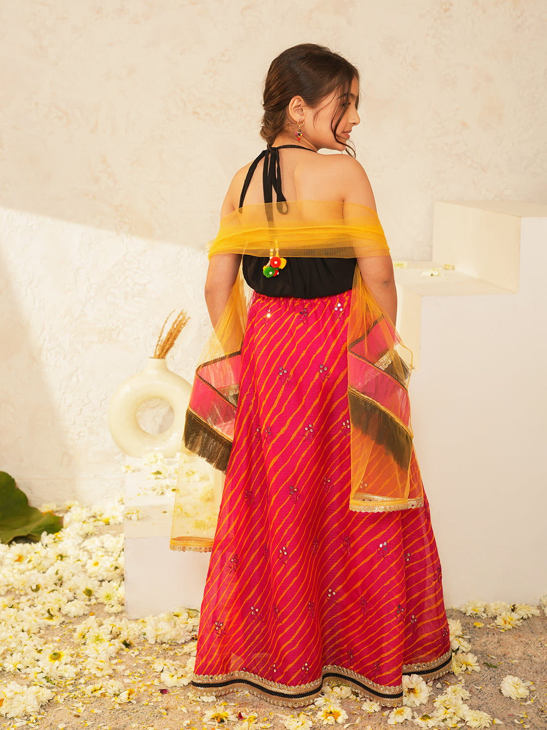 Pspeaches Girls Black & Red Ethnic mirror work Embroidered Georgette Circular Lehenga & Choli With Dupatta ( Sku-L-Blackmirror )