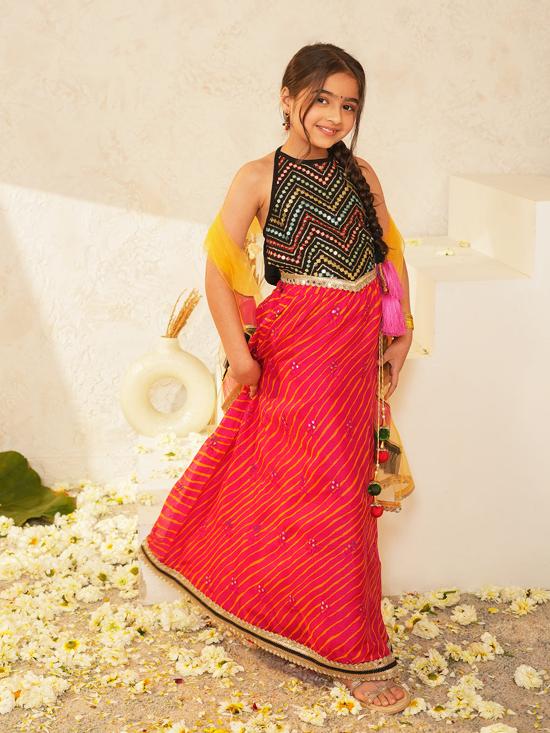 Pspeaches Girls Black & Red Ethnic mirror work Embroidered Georgette Circular Lehenga & Choli With Dupatta ( Sku-L-Blackmirror )