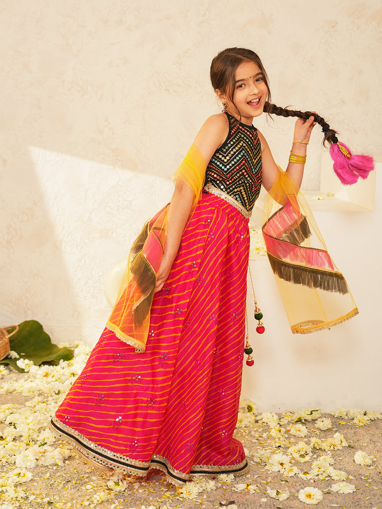 Pspeaches Girls Black & Red Ethnic mirror work Embroidered Georgette Circular Lehenga & Choli With Dupatta ( Sku-L-Blackmirror )