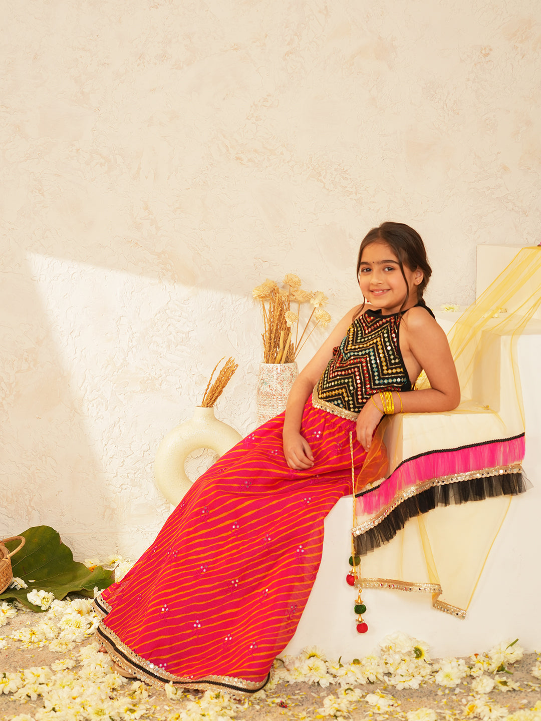 Pspeaches Girls Black & Red Ethnic mirror work Embroidered Georgette Circular Lehenga & Choli With Dupatta ( Sku-L-Blackmirror )