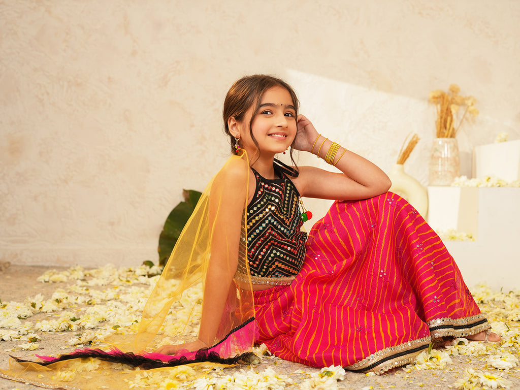 Pspeaches Girls Black & Red Ethnic mirror work Embroidered Georgette Circular Lehenga & Choli With Dupatta ( Sku-L-Blackmirror )