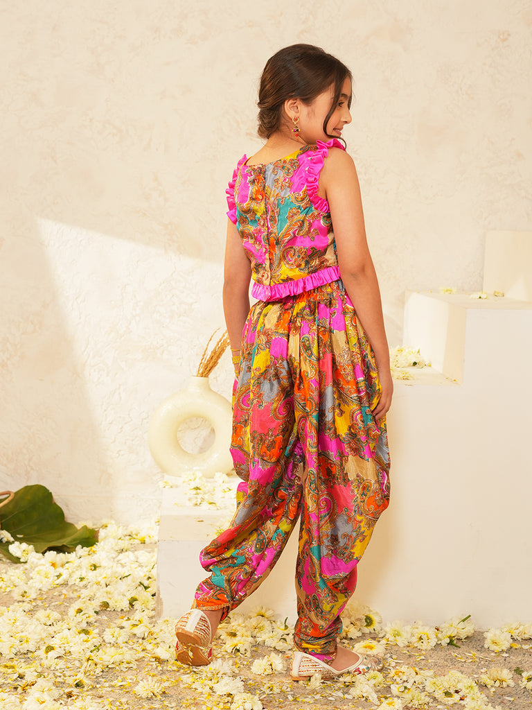 Pspeaches Girls Multi Ethnic Paisley Print Chinon Regular Crop Top With Dhoti Pant Set ( Sku-Dh-Multigemoterical )