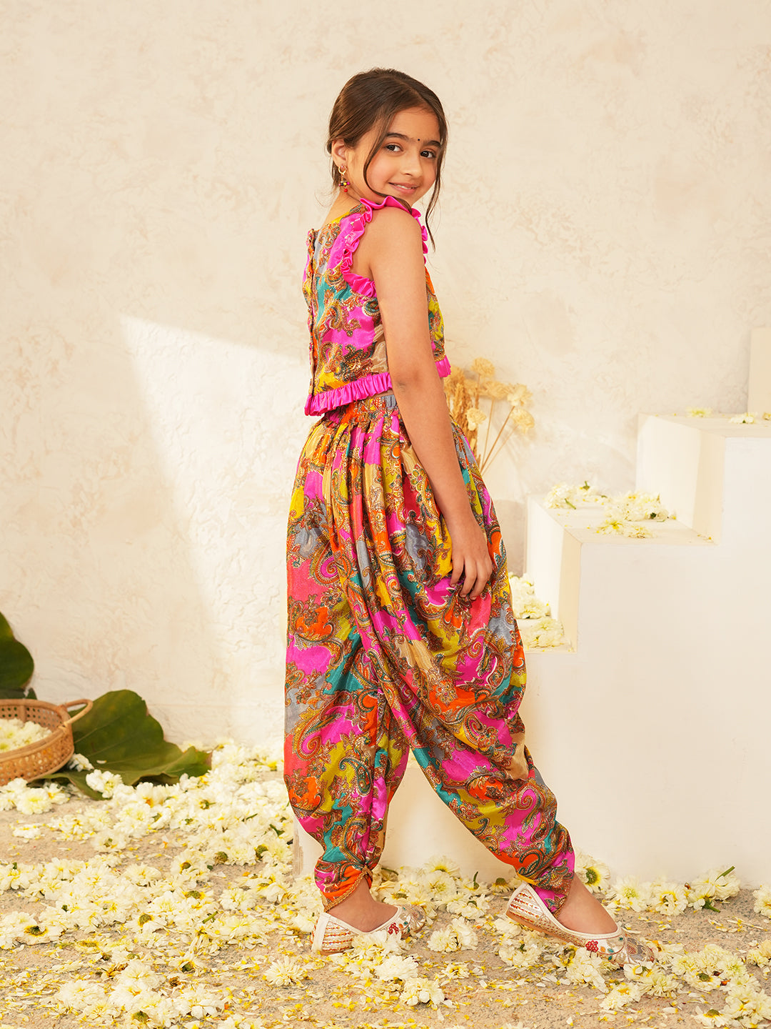 Pspeaches Girls Multi Ethnic Paisley Print Chinon Regular Crop Top With Dhoti Pant Set ( Sku-Dh-Multigemoterical )