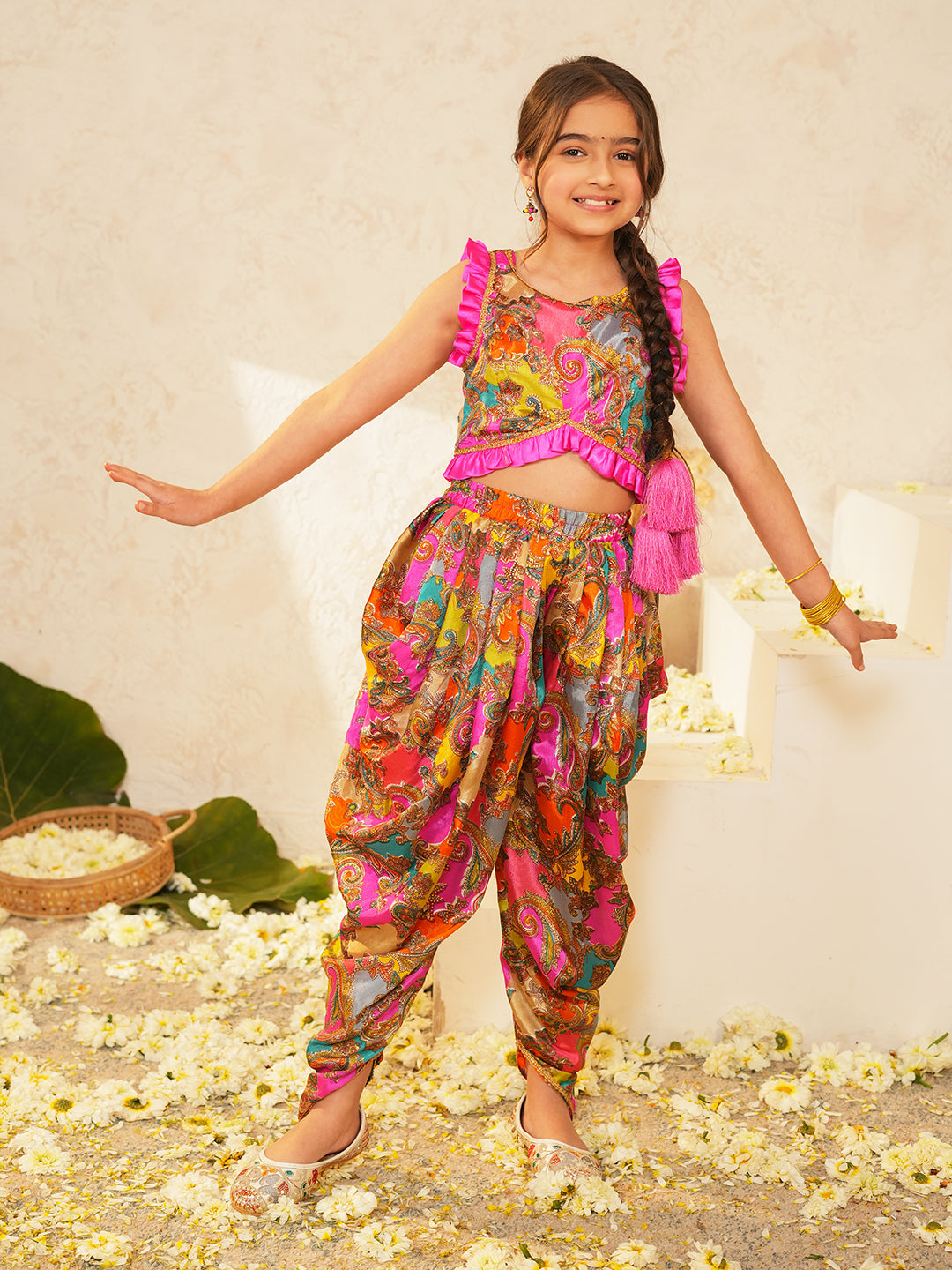 Pspeaches Girls Multi Ethnic Paisley Print Chinon Regular Crop Top With Dhoti Pant Set ( Sku-Dh-Multigemoterical )