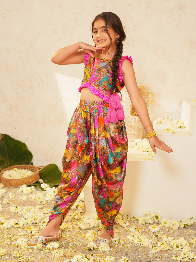 Pspeaches Girls Multi Ethnic Paisley Print Chinon Regular Crop Top With Dhoti Pant Set ( Sku-Dh-Multigemoterical )