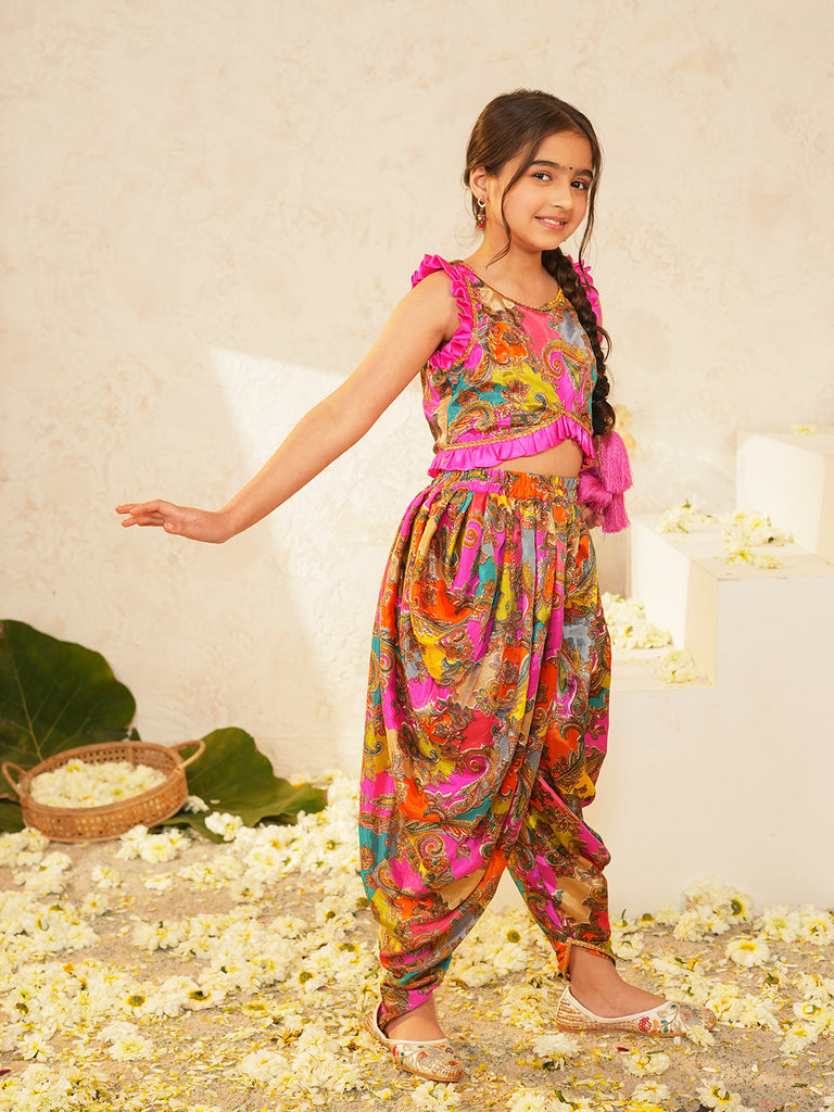 Pspeaches Girls Multi Ethnic Paisley Print Chinon Regular Crop Top With Dhoti Pant Set ( Sku-Dh-Multigemoterical )