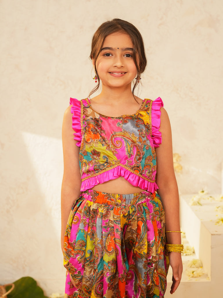 Pspeaches Girls Multi Ethnic Paisley Print Chinon Regular Crop Top With Dhoti Pant Set ( Sku-Dh-Multigemoterical )