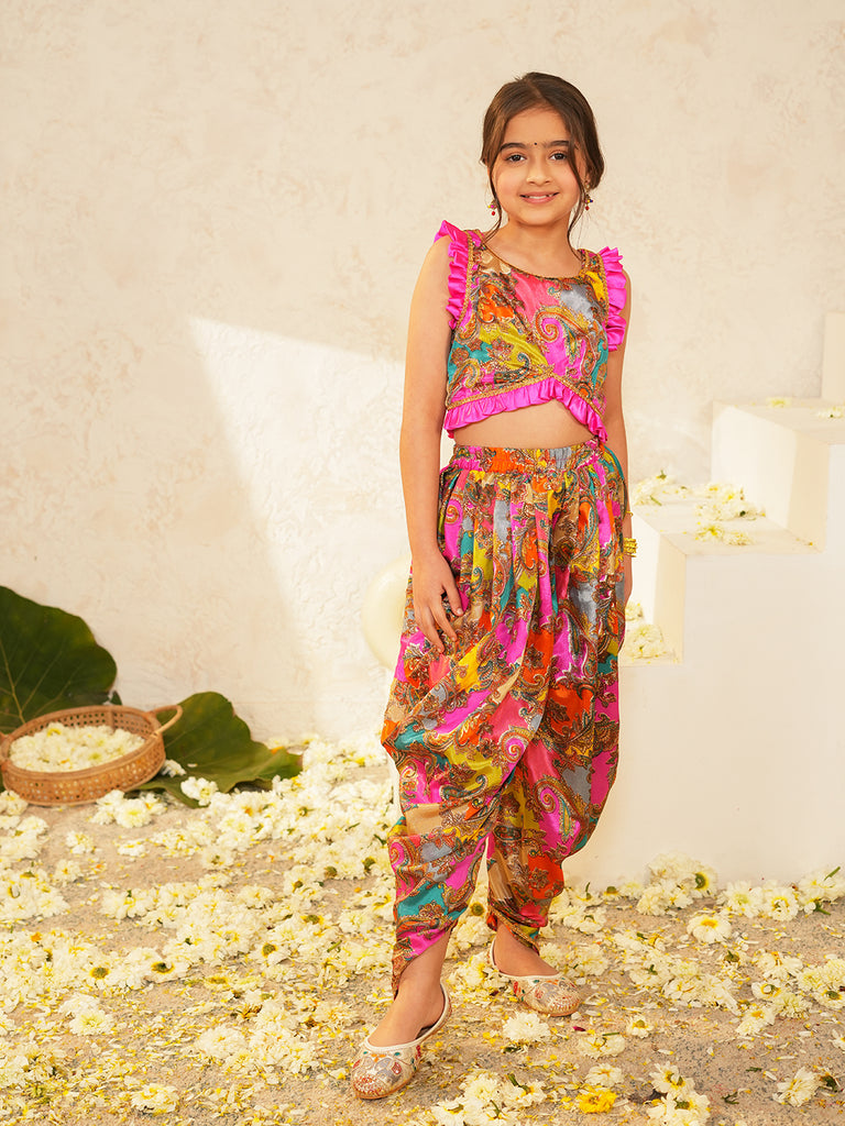 Pspeaches Girls Multi Ethnic Paisley Print Chinon Regular Crop Top With Dhoti Pant Set ( Sku-Dh-Multigemoterical )