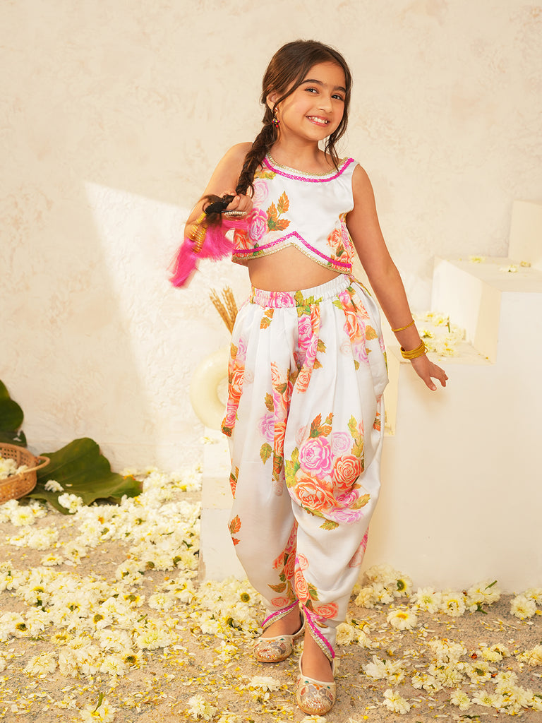 Pspeaches Girls White Ethnic Floral Print Muslin Regular Crop Top With Dhoti Pant Set ( Sku-Dh-Floralmuslin )