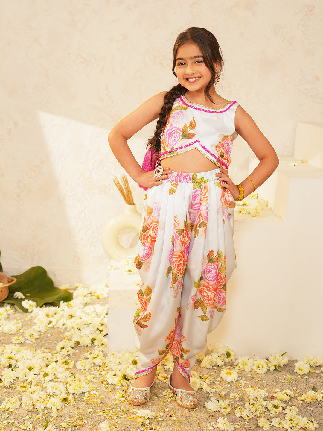 Pspeaches Girls White Ethnic Floral Print Muslin Regular Crop Top With Dhoti Pant Set ( Sku-Dh-Floralmuslin )