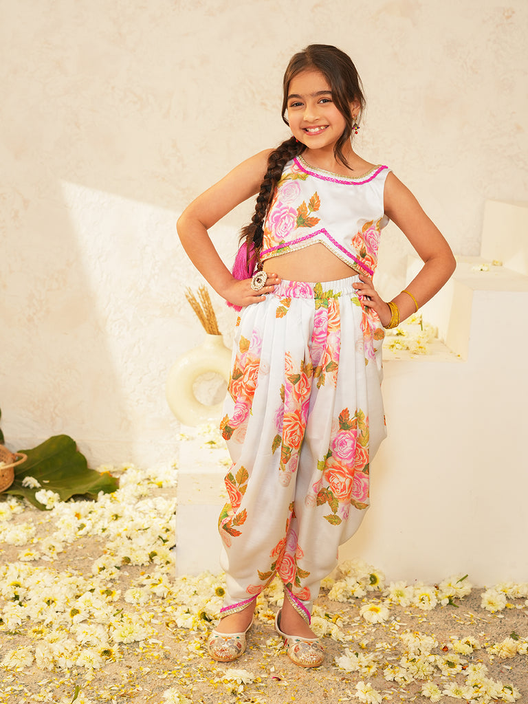 Pspeaches Girls White Ethnic Floral Print Muslin Regular Crop Top With Dhoti Pant Set ( Sku-Dh-Floralmuslin )