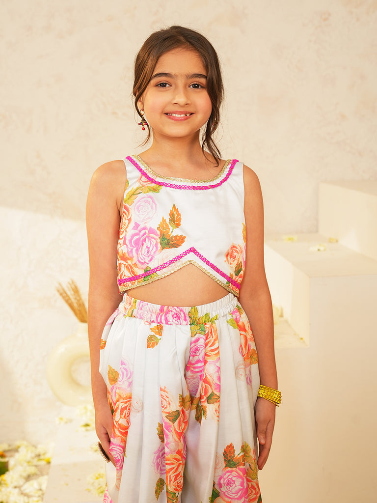 Pspeaches Girls White Ethnic Floral Print Muslin Regular Crop Top With Dhoti Pant Set ( Sku-Dh-Floralmuslin )