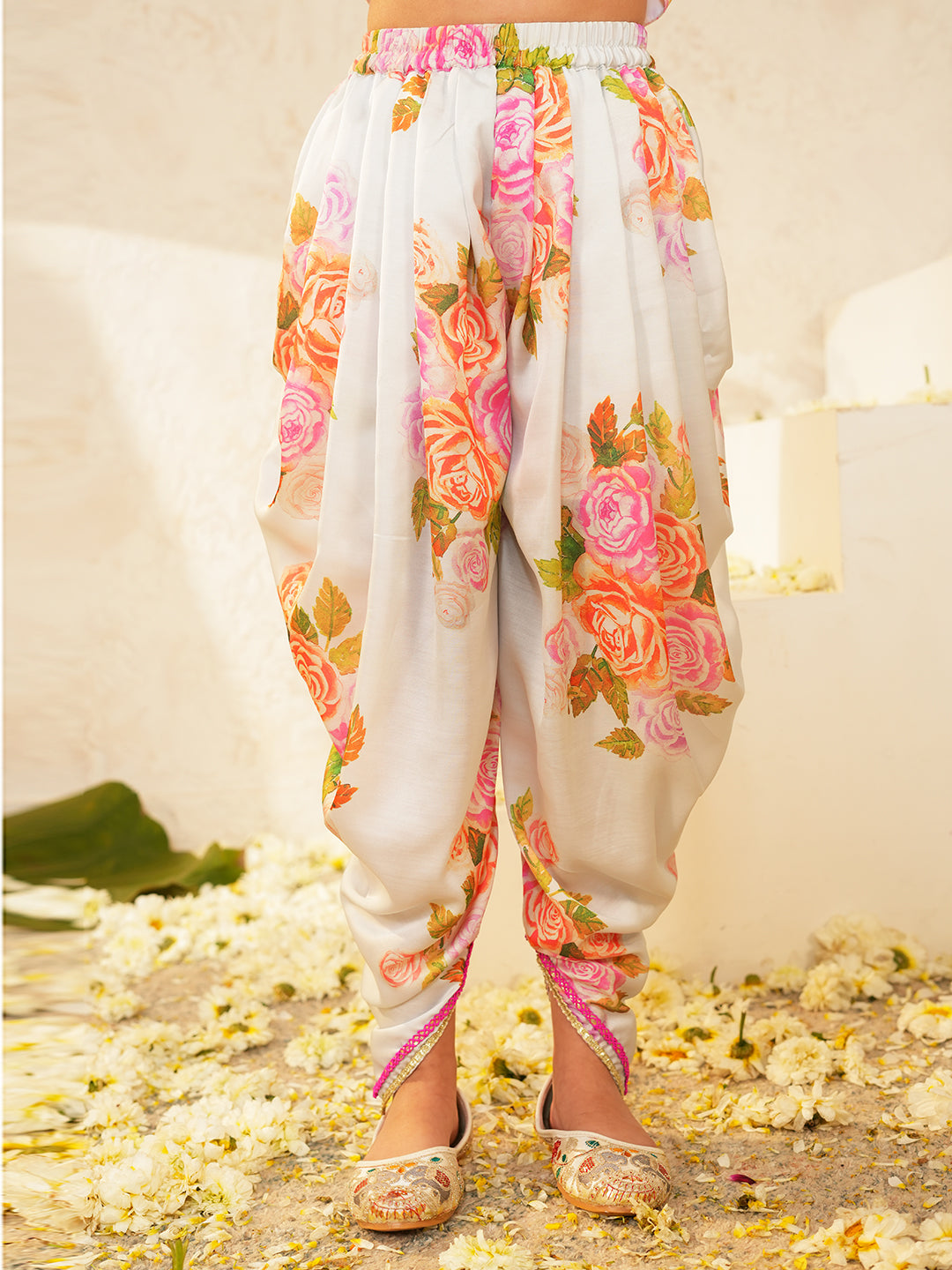 Pspeaches Girls White Ethnic Floral Print Muslin Regular Crop Top With Dhoti Pant Set ( Sku-Dh-Floralmuslin )