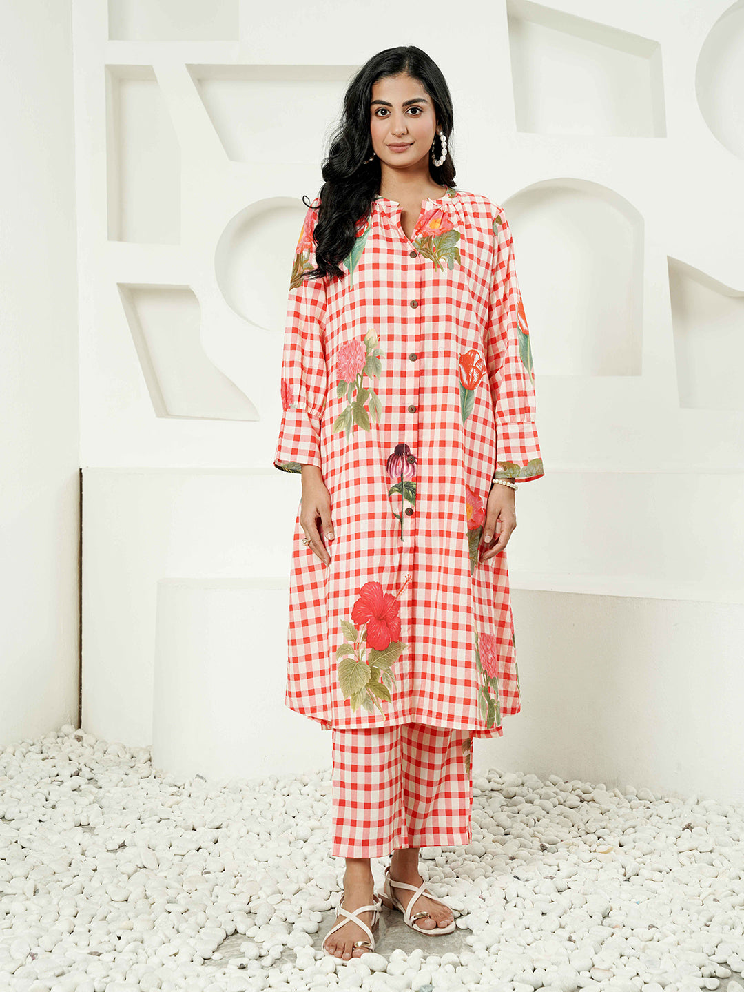 Red Floral Check Cotton Co-ord Set