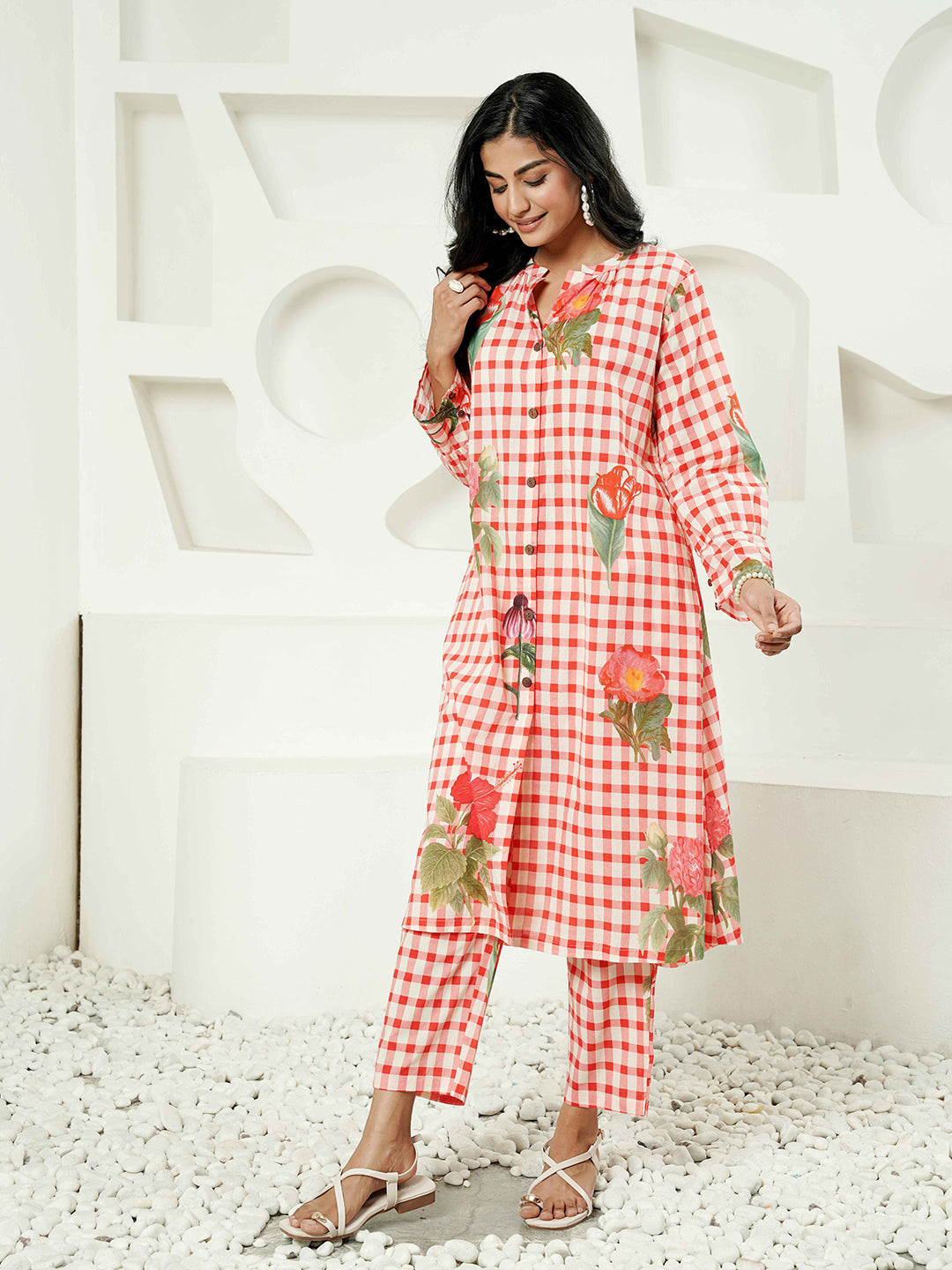 Red Floral Check Cotton Kurta Set