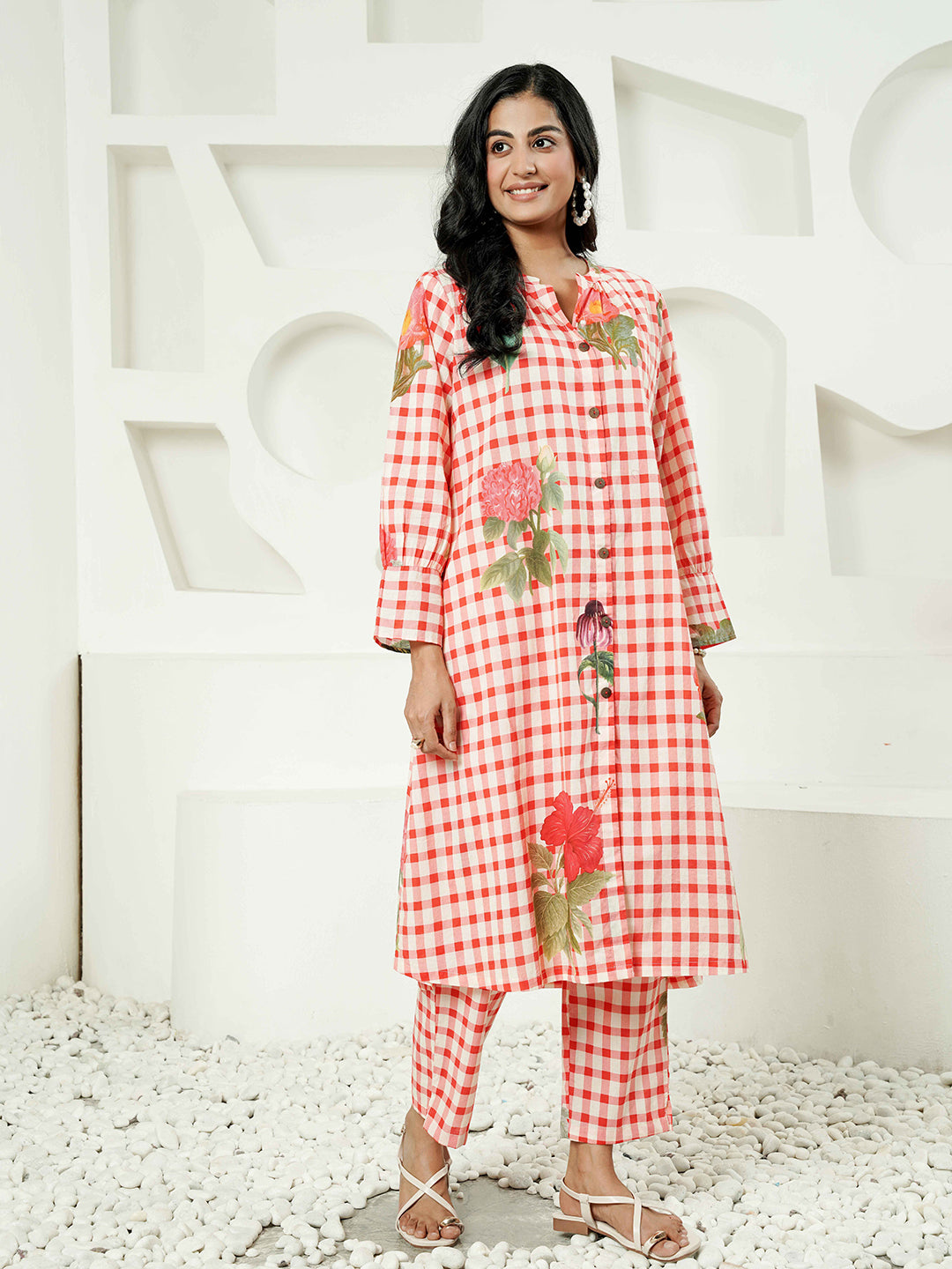 Red Floral Check Cotton Kurta Set