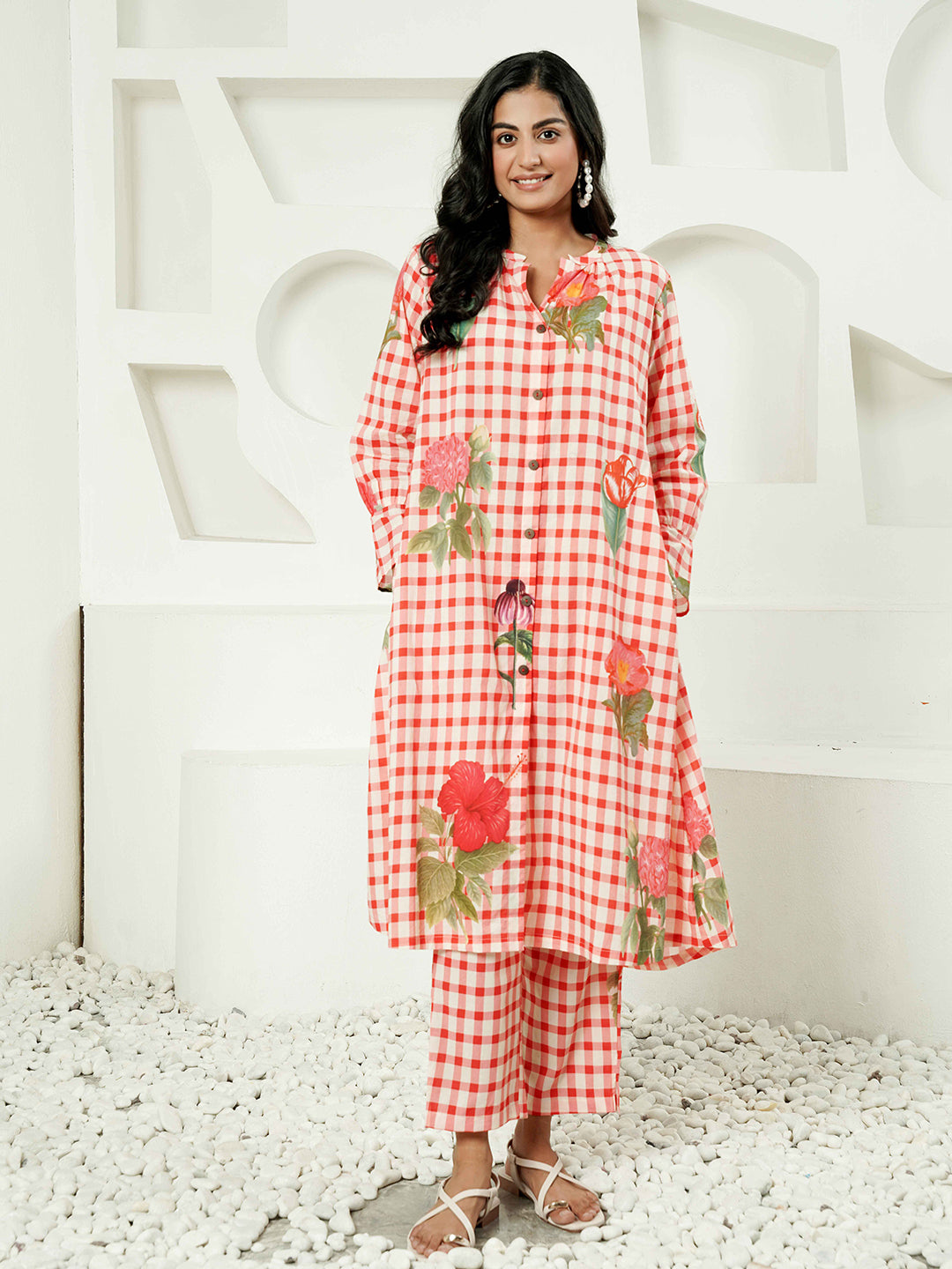 Red Floral Check Cotton Co-ord Set