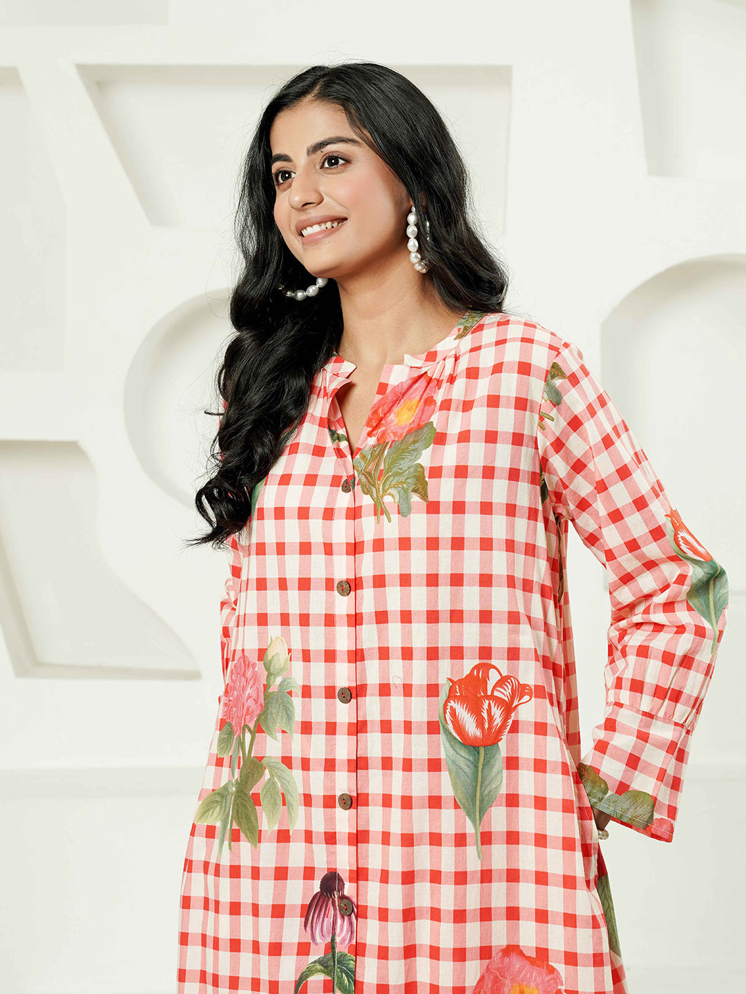 Red Floral Check Cotton Kurta Set