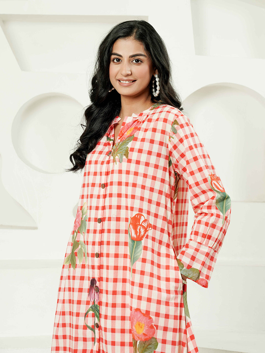 Red Floral Check Cotton Kurta Set