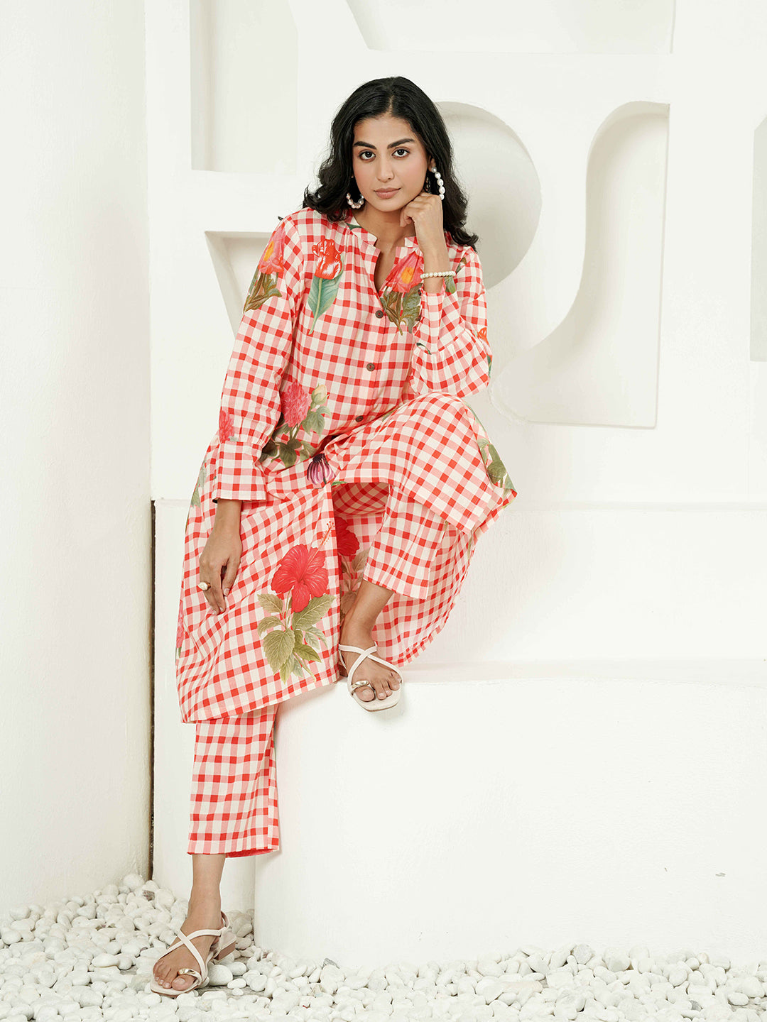 Red Floral Check Cotton Kurta Set