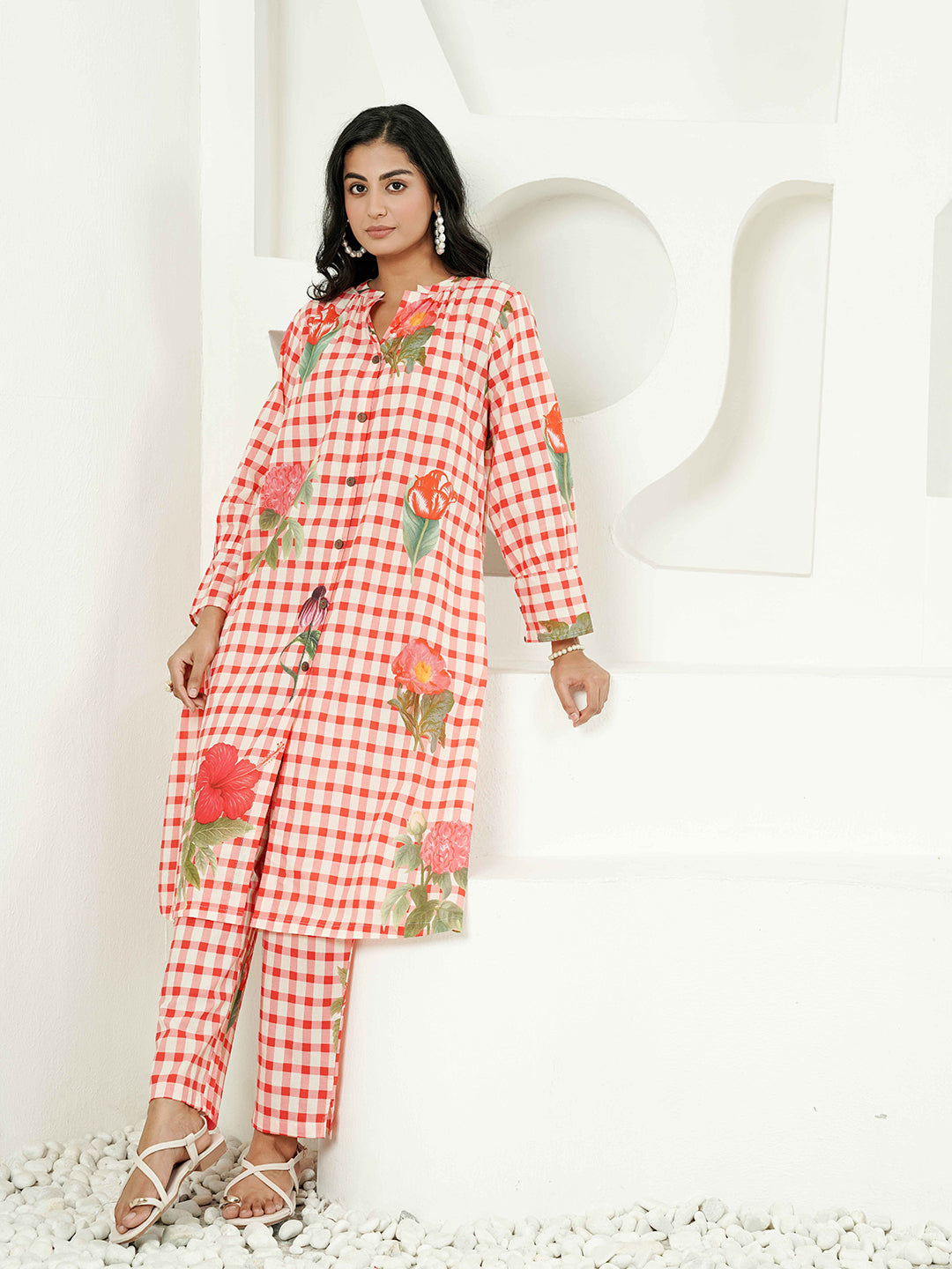 Red Floral Check Cotton Kurta Set